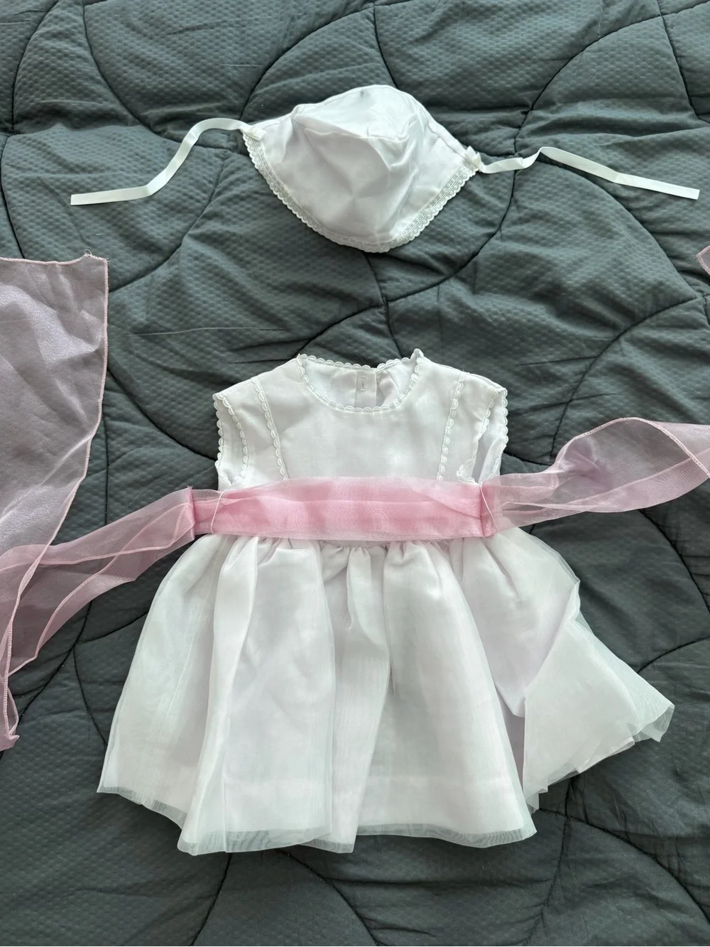 White & Pink Baby girl Dress with Pink Sash and Headpiece - handmade - NEW